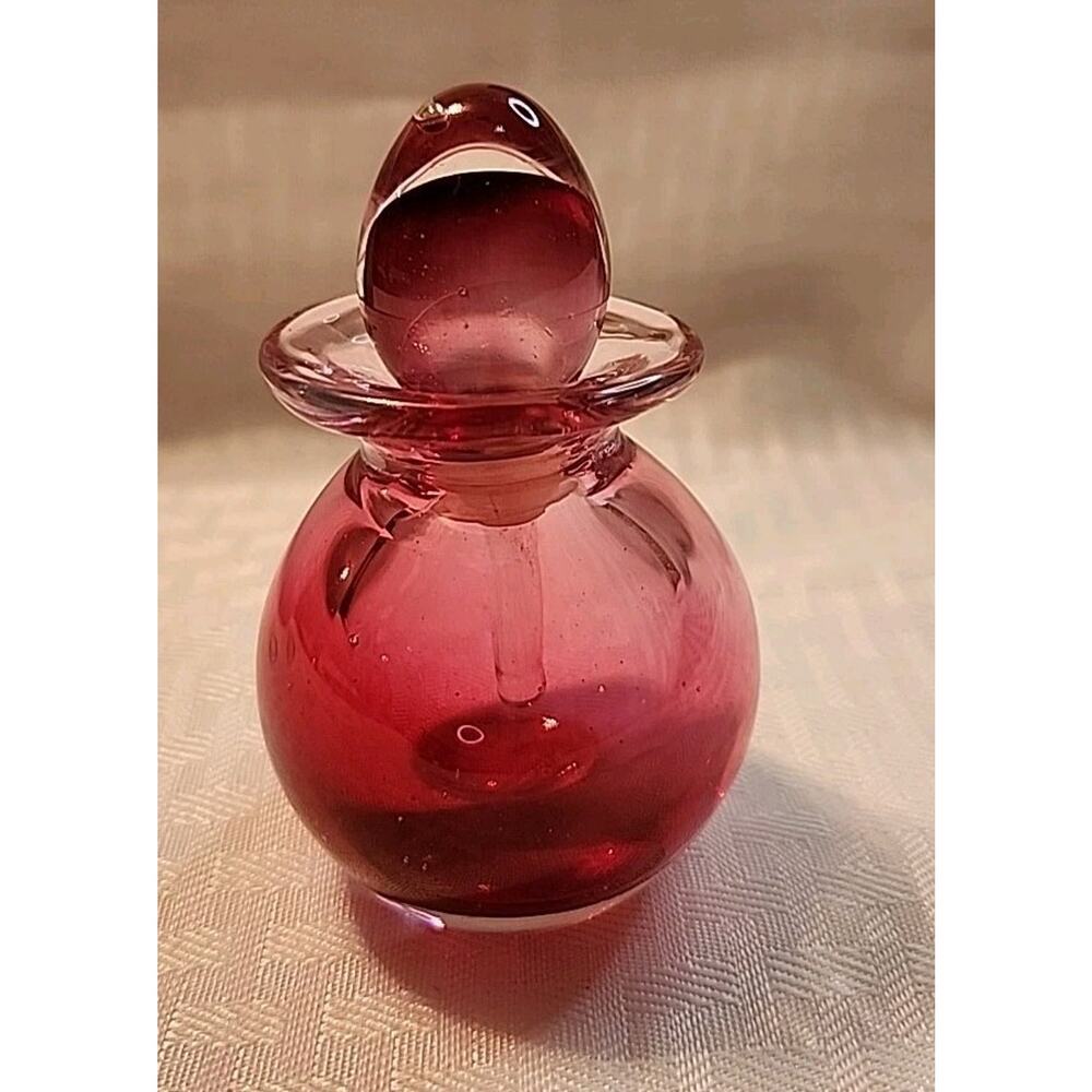 Vtg Murano Style Hand Blown Glass Perfume Bottle w/Stopper, Cranberry, 3"